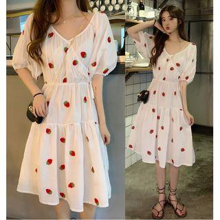 Elbow-sleeve Fruit Embroidery A-line Dress