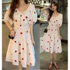 Elbow-sleeve Fruit Embroidery A-line Dress