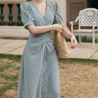 V-neck Plain Plaid A-line Dress