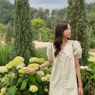 Chelsea-collar Puff-sleeve Shirtdress Light Beige - One Size