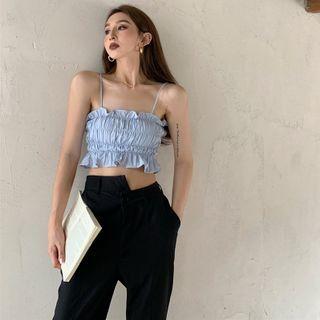 Spaghetti Strap Smocked Crop Top / Crop Cape Top / Asymmetrical High Waist Straight Leg Pants