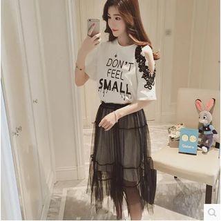Set: Cut Out Shoulder Lettering Elbow-sleeve T-shirt + Mesh Midi Skirt