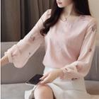 3/4-sleeve Embroidered Flower Chiffon Blouse