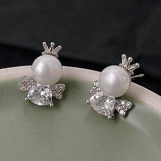 Angel Faux Pearl Rhinestone Sterling Silver Stud Earring 1 Pair - Silver - One Size