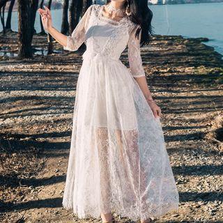 Elbow-sleeve Maxi Lace Dress