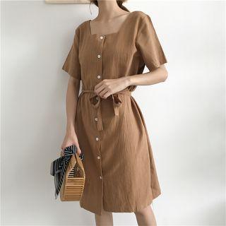Buttoned Short-sleeve A-line Dress With Sash