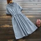 Short-sleeve Embroidered A-line Midi Dress Stripe - Blue - One Size