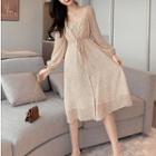 Long-sleeve Floral Drawstring-waist Dress