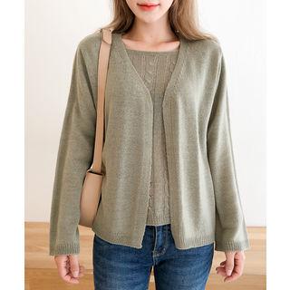 Set: Open-front Cardigan + Square-neck Knit Top