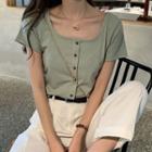 Square-neck Short-sleeve Buttoned Ribbed Top