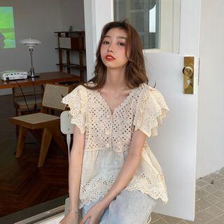 Knit Panel Short-sleeve Eyelet Blouse