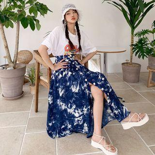 High-waist Button-front Patterned Skirt