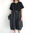 Short-sleeve Denim Pane Midi A-line Dress Black - One Size