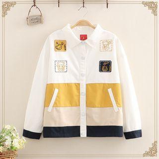 Bear Embroidered Lapel Jacket As Shown In Figure - One Size