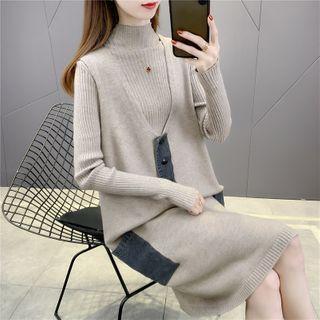 Set: Mock-turtleneck Knit Dress + Knit Vest