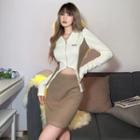 Set: Long-sleeve Contrast Trim Collared T-shirt + Mini Pencil Skirt