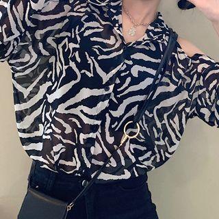 Zebra Print Cold-shoulder Long Sleeve Shirt