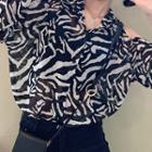 Zebra Print Cold-shoulder Long Sleeve Shirt