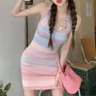 Halter-neck Striped Ribbed Knit Dress Stripes - Pink - One Size