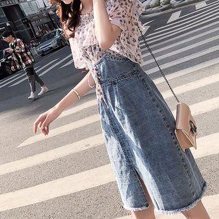 Set: Off-shoulder Ruffled Top + Denim Jumper Skirt