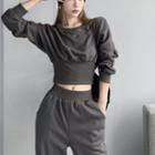 Round-neck Long Sleeve Tie-waist Sweater / High Waist Drawstring Straight Leg Sweatpants