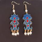 Vintage Alloy Faux Pearl Dangle Earring T54 - 1 Pair - Blue & Gold & White - One Size