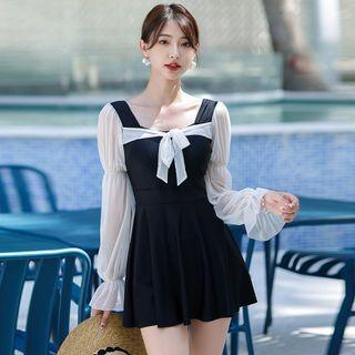 Bell-sleeve Ribbon Two-tone Swim Dress