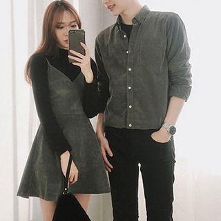 Couple Matching V-neck Spaghetti Strap Dress / Plain Shirt