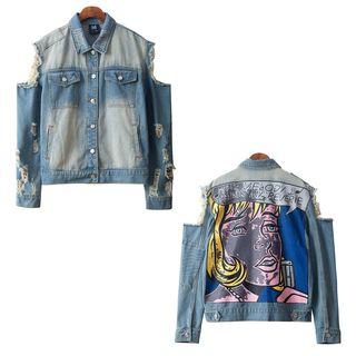 Distressed Open Shoulder Long-sleeve Denim Jacket