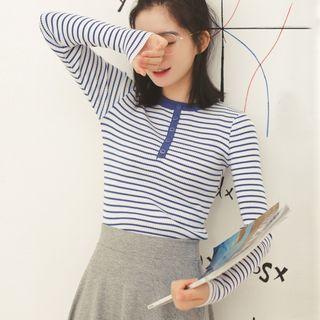 Long-sleeve Striped Henley Knit Top Blue - One Size