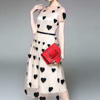 Heart Embroidered Short-sleeve A-line Midi Dress