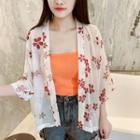 Floral Chiffon Light Jacket Red Flowers - Beige White - One Size