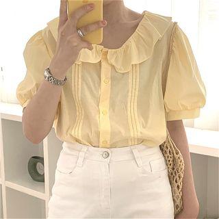 Puff-sleeve Peter Pan Collar Plain Blouse Yellow - One Size