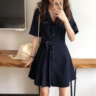 Short-sleeve Pleated Mini A-line Blazer Dress
