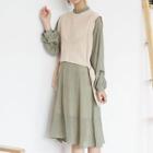 Set: Long-sleeve Gingham Midi A-line Dress + Knit Vest