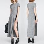 Short Sleeve Slit-side Plain Midi Dress