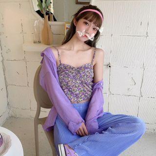 Floral Print Cropped Camisole Top / Plain Shirt / High-waist Wide-leg Pants