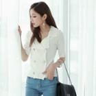 Notched-lapel Short-sleeve Metallic-button Rib-knit Cardigan