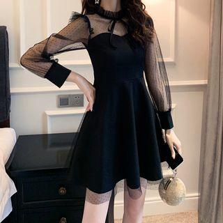Dotted Panel Long-sleeve Mini A-line Dress