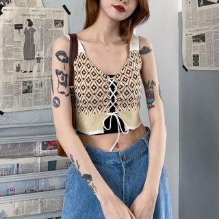 Sleeveless Floral Pattern Lace-up Cropped Knit Top