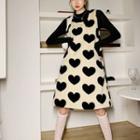 Heart Print Fluffy Midi A-line Overall Dress