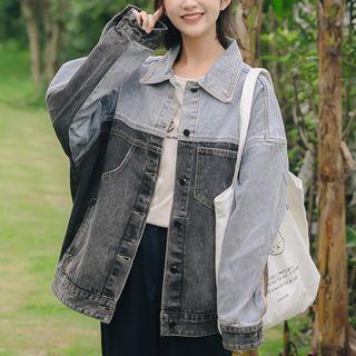 Color Block Washed Denim Buttoned Jacket