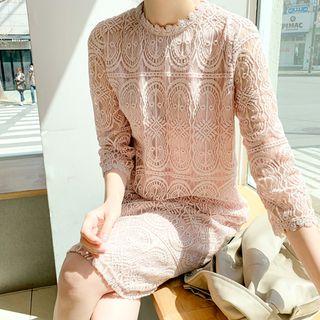Scallop-edge Midi Lace Dress Light Pink - One Size