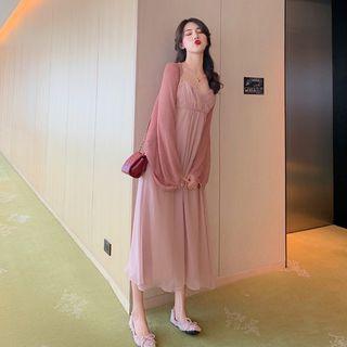 Open-front Light Cardigan / Pleated Sleeveles Dress