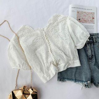 Short-sleeve Eyelet Lace Blouse White - One Size