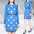 Dotted Long-sleeve Sheath Knit Dress Blue - One Size