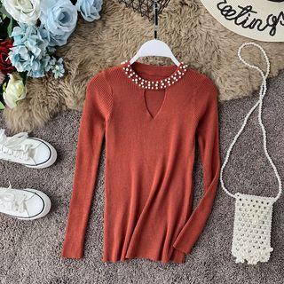 Faux-pearl Keyhole Long-sleeve Knit Top