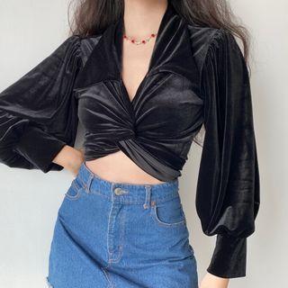 Cross Neck Lace-up Velvet Lantern-sleeve Top