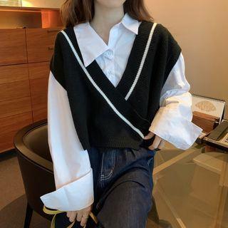 Long-sleeve Cropped Shirt / Wrapped Knit Vest