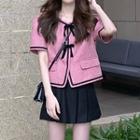 Elbow-sleeve Contrast Trim Jacket / Pleated Mini A-line Skirt